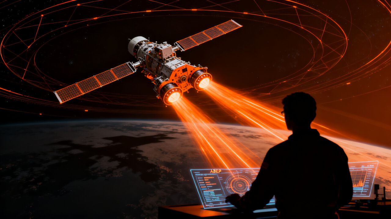 Satélite avanzado con propulsión de plasma ABEP orbitando la Tierra, representando la innovación deeptech de Kreios Space en el sector de defensa y satélites VLEO.