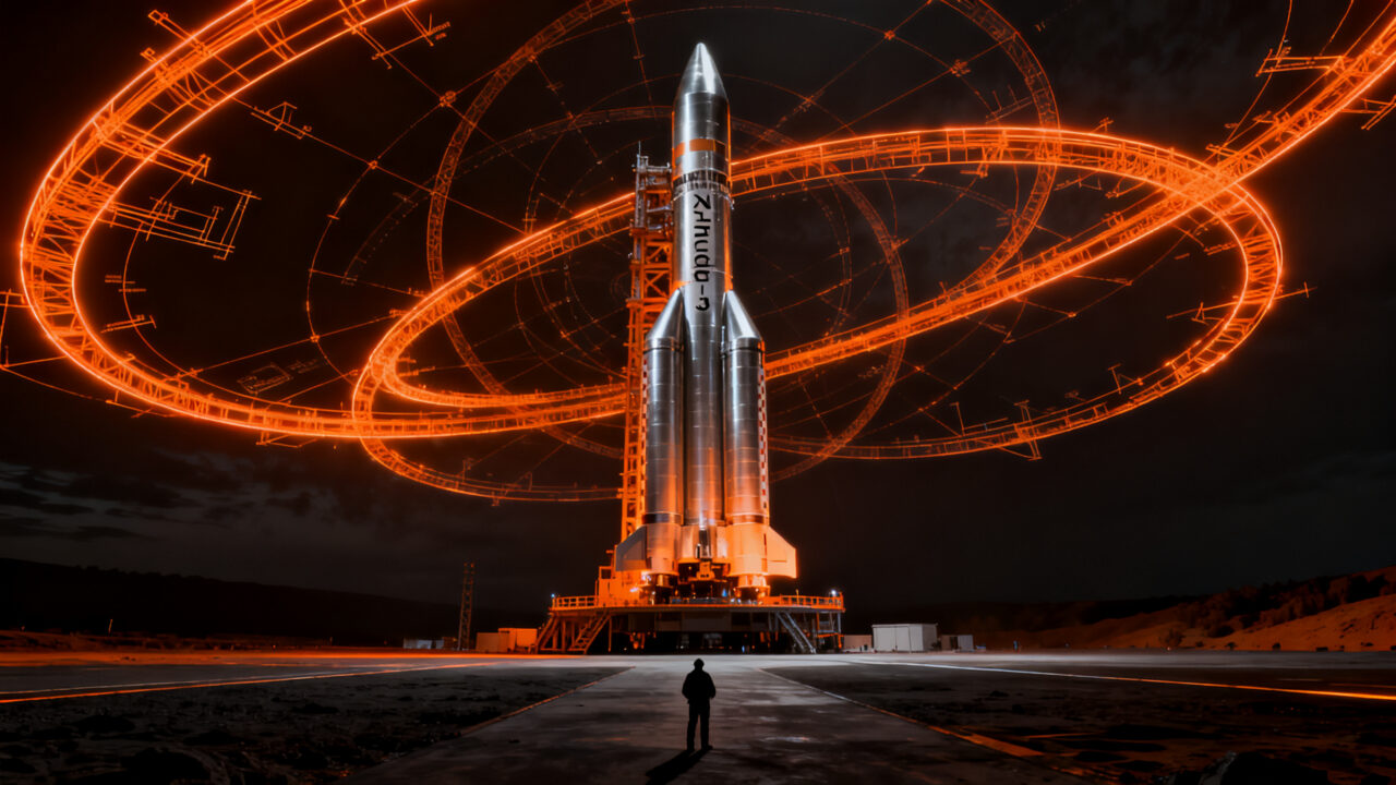 Cohete Zhuque-3 de LandSpace aterrizando, simbolizando la competencia en reutilización de cohetes frente a SpaceX.