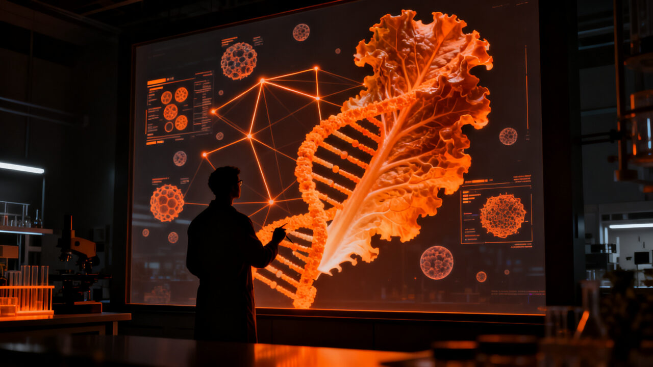 Investigadores de biotecnología trabajando en molecular farming para producir proteínas de carne alternativa en lechugas.