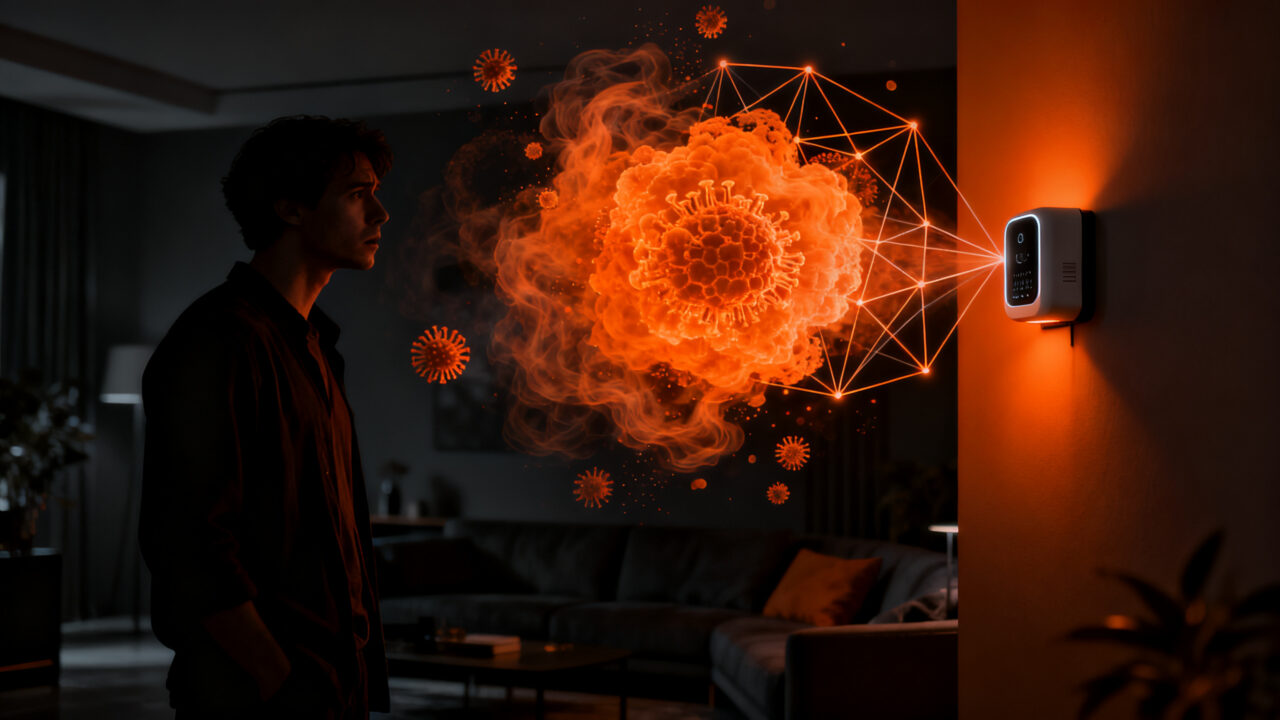 Visualización de nanopartículas invisibles liberadas por productos de limpieza en un hogar inteligente, concepto clean air tech.