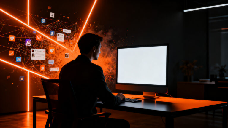 Profesional trabajando con enfoque profundo bloqueando distracciones digitales en LinkedIn para aumentar su productividad.