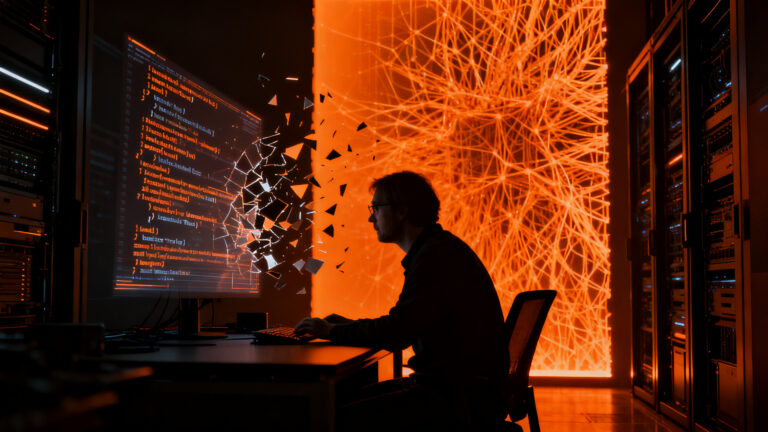 Linus Torvalds depurando el kernel de Linux frente a una red de IA, representando el desafío humano contra la inteligencia artificial en el desarrollo de software.