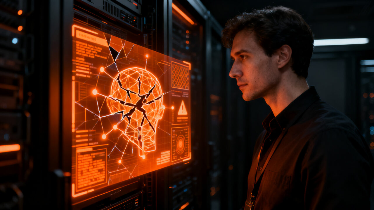 Un experto en seguridad DevOps analizando una brecha en una red neuronal de IA, representando el riesgo de sabotaje descubierto por LinuxArena.