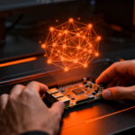 Agente de inteligencia artificial ejecutándose localmente en un dispositivo edge, representando la inferencia de Liquid AI en hardware compacto.