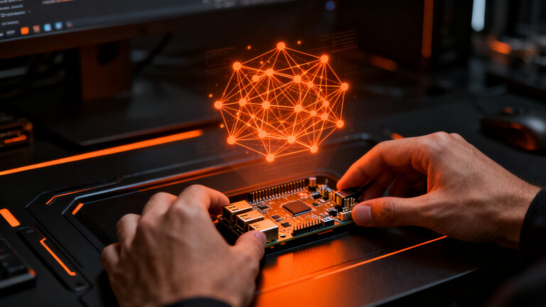 Agente de inteligencia artificial ejecutándose localmente en un dispositivo edge, representando la inferencia de Liquid AI en hardware compacto.