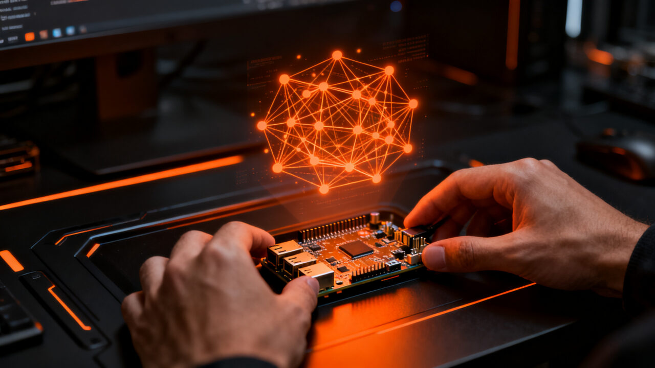 Agente de inteligencia artificial ejecutándose localmente en un dispositivo edge, representando la inferencia de Liquid AI en hardware compacto.
