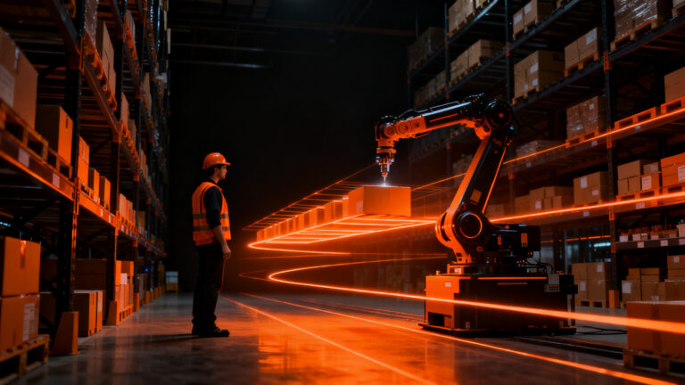 Colaboración entre humano y robot en un almacén automatizado, representando la transformación digital y la IA en la logística.