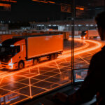 Camión de logística eléctrica autónoma operando en un entorno inteligente, representando la escalabilidad y el futuro del transporte de mercancías.