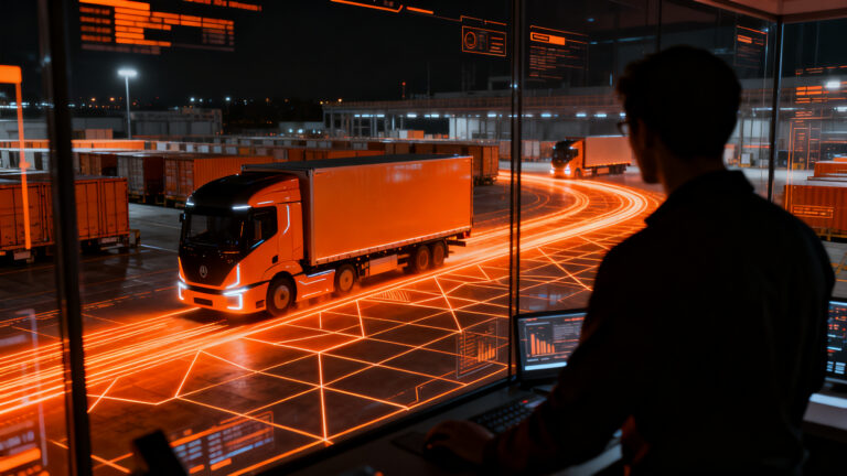 Camión de logística eléctrica autónoma operando en un entorno inteligente, representando la escalabilidad y el futuro del transporte de mercancías.