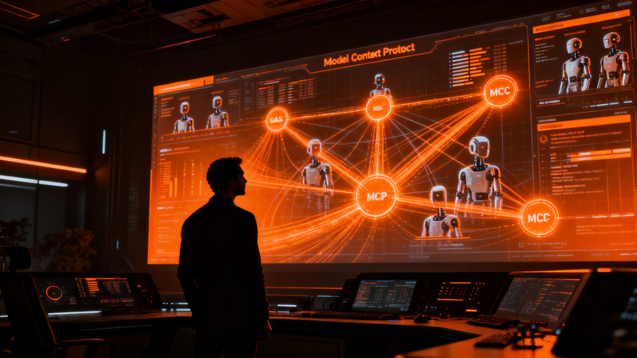 Agentes de IA interactuando con herramientas de software, representando el futuro de los flujos de trabajo agentes en el mercado SaaS.