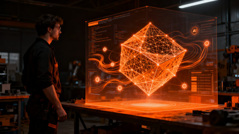 Ingeniero diseñando arquitectura 3D paramétrica automatizada con LuaCAD y herramientas de IA para startups tecnológicas.