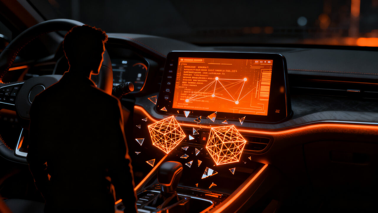 Ciberseguridad en coches: especialista analizando malware en head unit de vehículo conectado.