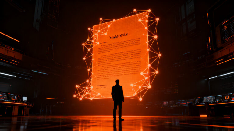 Líder tecnológico analizando un manifiesto de inteligencia artificial en un entorno de datos futurista, representando estrategia y liderazgo en startups.