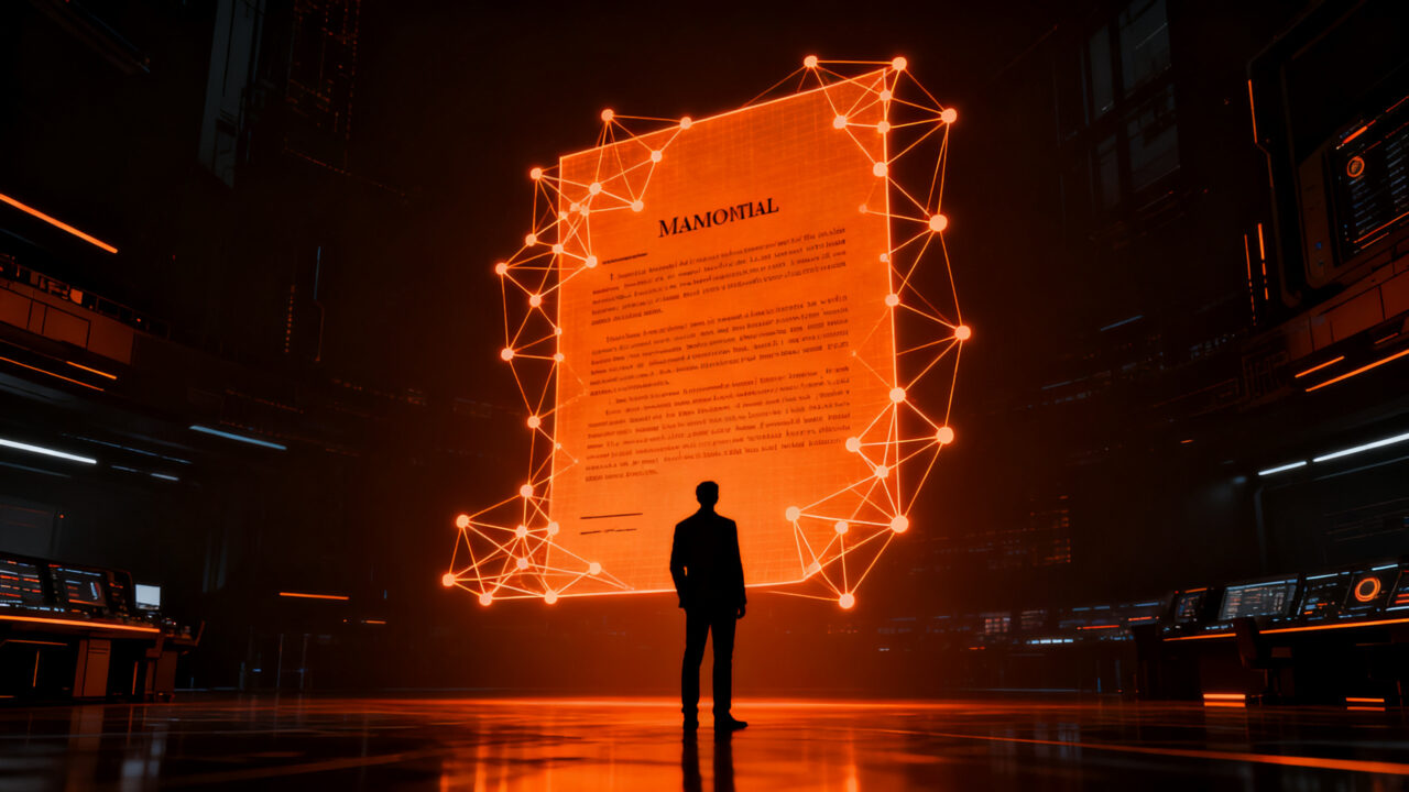 Líder tecnológico analizando un manifiesto de inteligencia artificial en un entorno de datos futurista, representando estrategia y liderazgo en startups.
