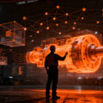 Ingeniero analizando datos de mantenimiento predictivo mediante IA en un entorno industrial tecnológico.