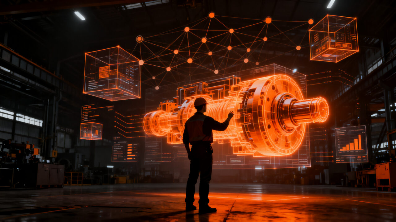 Ingeniero analizando datos de mantenimiento predictivo mediante IA en un entorno industrial tecnológico.