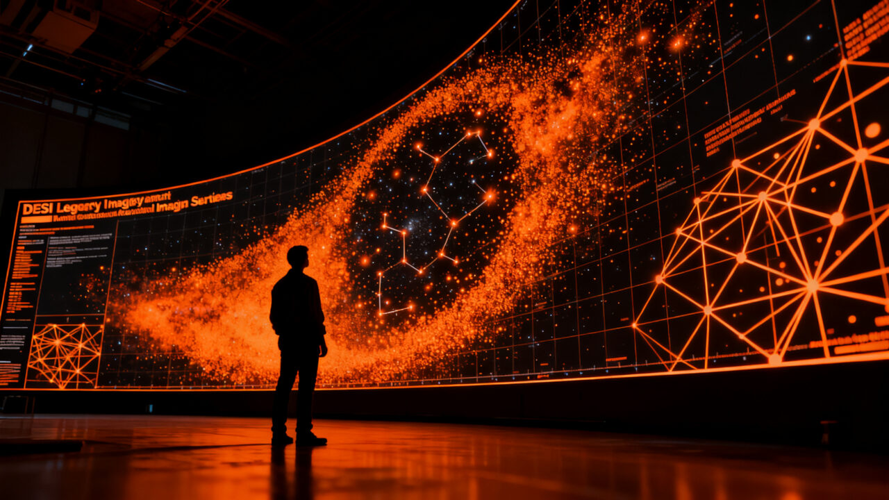 Astrónomo analizando un mapa 2D masivo del universo, representando el procesamiento de datos astronómicos y el uso de IA en ciencia.