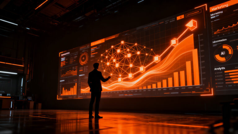 Estratega de marketing analizando datos de inteligencia artificial y automatización para el crecimiento profesional en 2026.