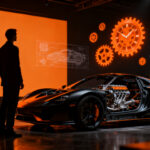 Mate Rimac junto a un superdeportivo de lujo, representando la estrategia de exclusividad y motores de combustión en el mercado de alta gama.