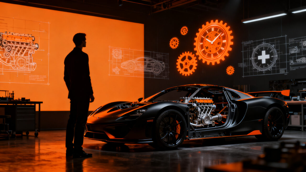 Mate Rimac junto a un superdeportivo de lujo, representando la estrategia de exclusividad y motores de combustión en el mercado de alta gama.