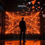 Ilustración conceptual de ciberseguridad: silueta de un experto analizando una red de datos compleja bajo la amenaza de la inteligencia artificial.