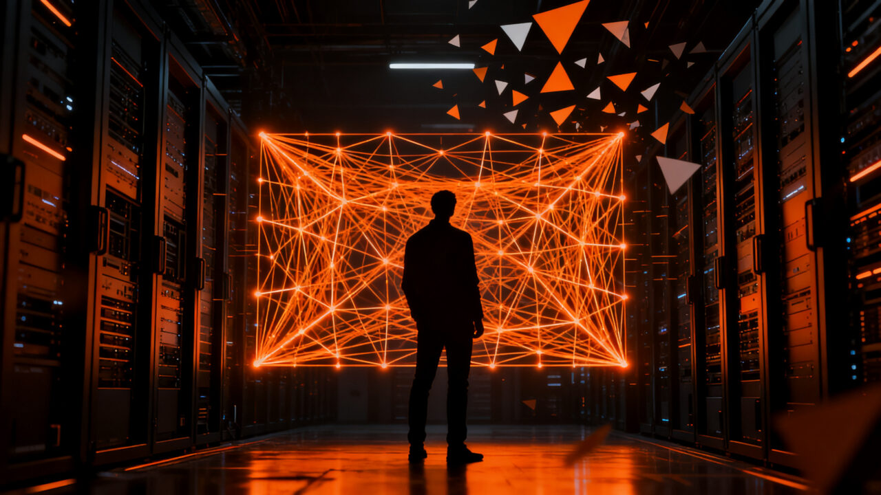 Ilustración conceptual de ciberseguridad: silueta de un experto analizando una red de datos compleja bajo la amenaza de la inteligencia artificial.