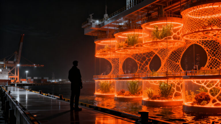 Tecnología de biorremediación marina de Mediterranean Algae en un puerto sostenible, representando la biotecnología azul y la economía circular.