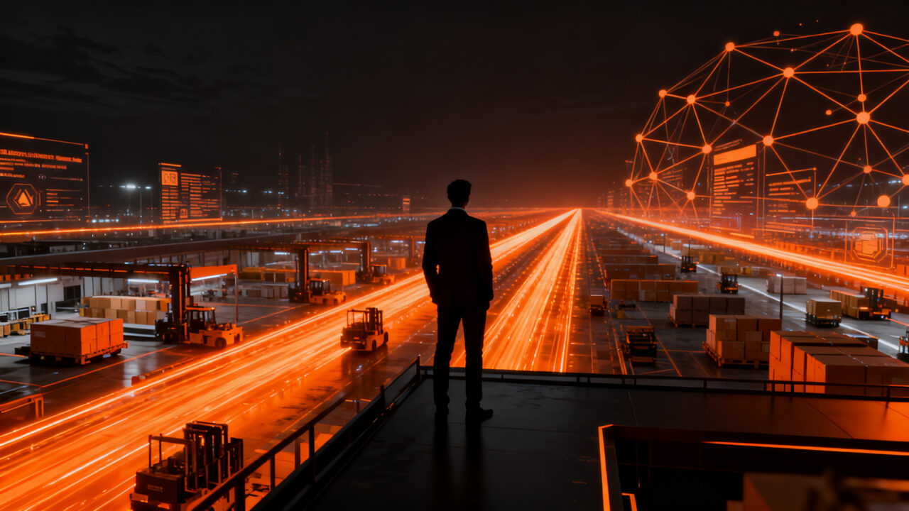 Figura humana analizando flujo de datos e-commerce y logística en evento tecnológico, representando el futuro de las PyMEs.