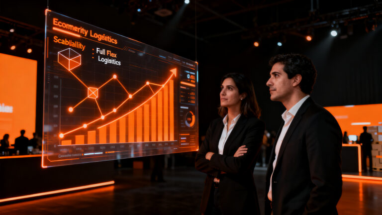 Dos emprendedores chilenos analizando datos de crecimiento en el Mercado Libre Experience 2026, representando el éxito del ecommerce local.