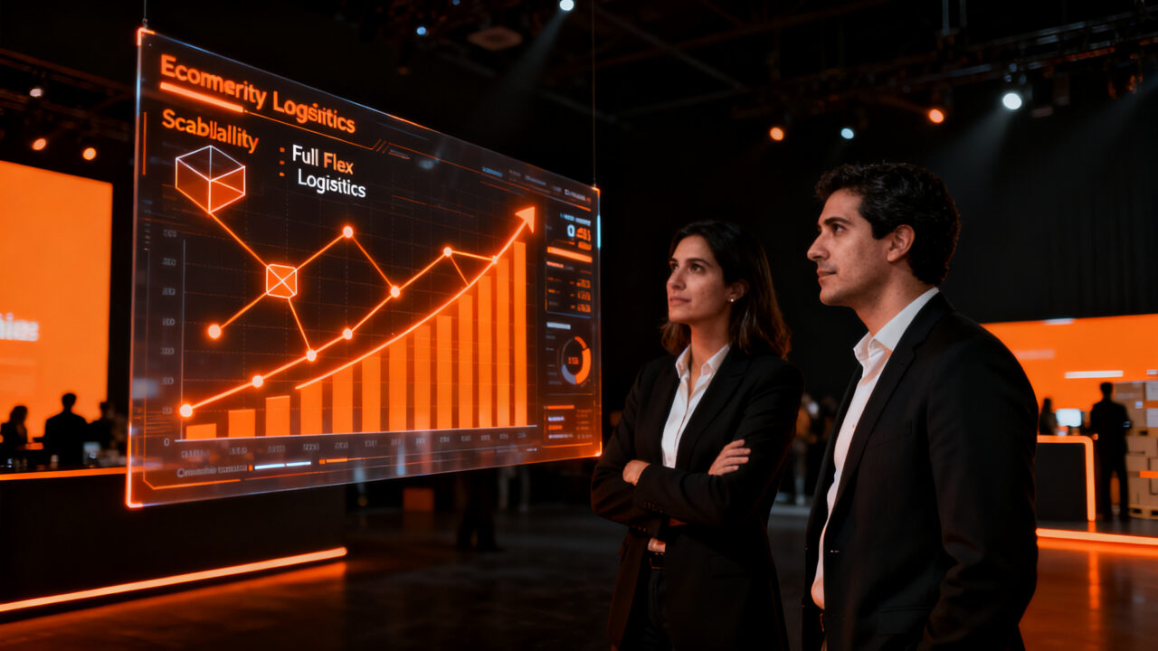 Dos emprendedores chilenos analizando datos de crecimiento en el Mercado Libre Experience 2026, representando el éxito del ecommerce local.