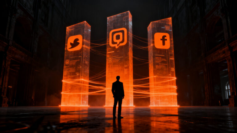 Representación visual de la regulación de redes sociales, con silueta corporativa supervisando flujos de datos de plataformas digitales en un entorno de alta tensión.
