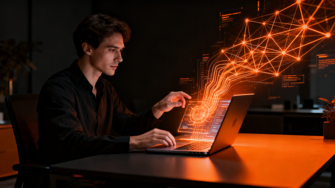 Emprendedor utilizando IA de Meta en su Mac para automatizar marketing y aumentar la productividad empresarial.