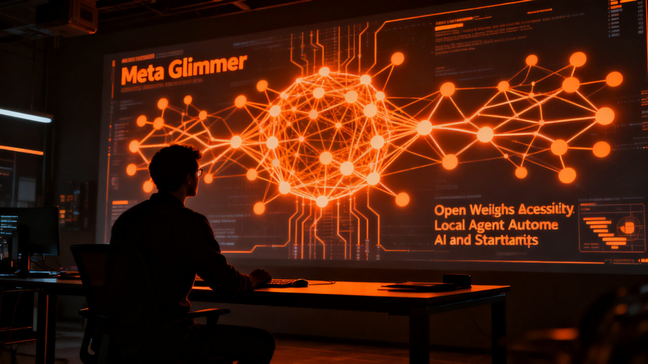 Un desarrollador trabajando con un modelo de IA local de Meta Glimmer, representando la revolución de la inteligencia artificial open-weight en startups.