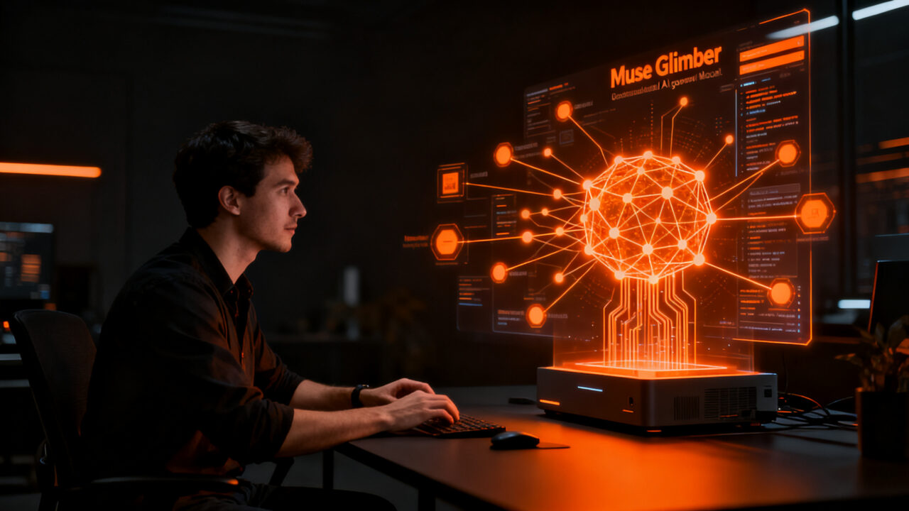 Desarrollador trabajando con Muse Glimmer, modelo de IA agéntica ejecutándose localmente en una PC de alto rendimiento.