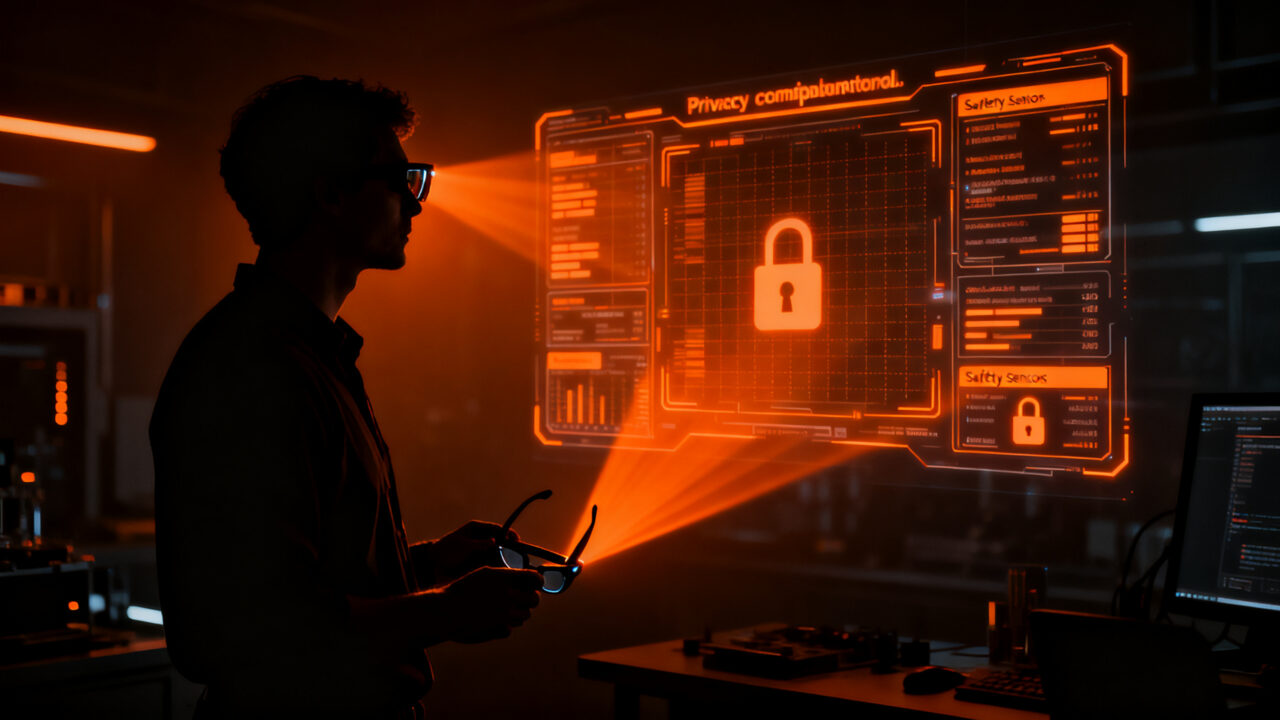 Silueta de un profesional analizando datos de privacidad en gafas inteligentes bajo normativa RGPD.