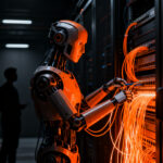 Robot humanoide interactuando con servidores en un centro de datos, representando la automatización de infraestructura de IA.