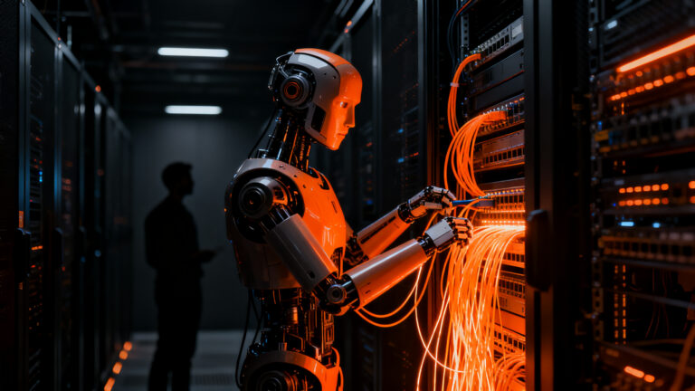 Robot humanoide interactuando con servidores en un centro de datos, representando la automatización de infraestructura de IA.