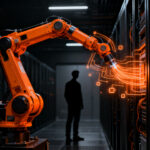 Robots industriales automatizando el mantenimiento en un centro de datos de Meta, representando la automatización de infraestructura.