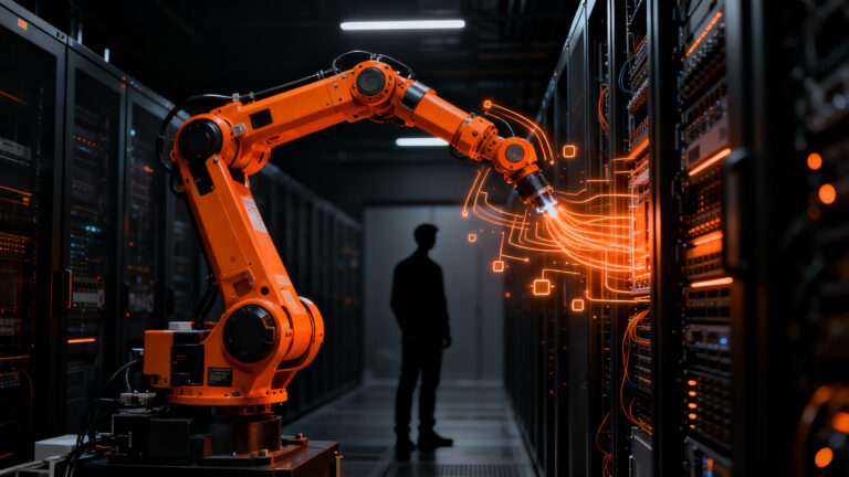 Robots industriales automatizando el mantenimiento en un centro de datos de Meta, representando la automatización de infraestructura.