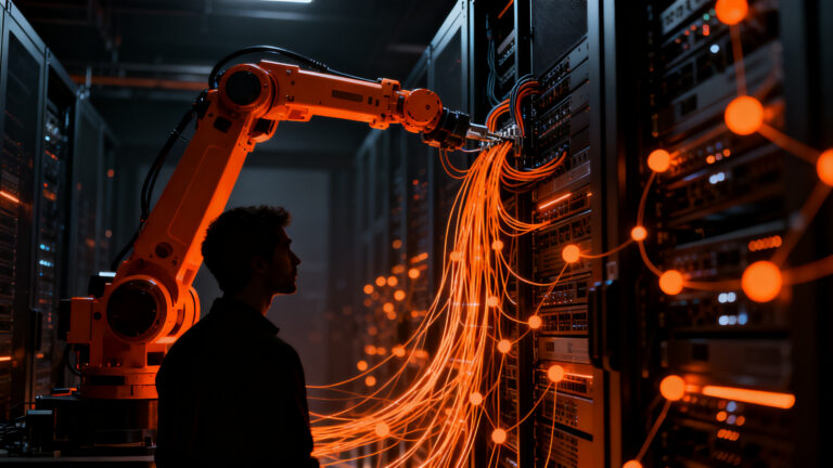 Robots de alta tecnología operando en centros de datos de IA para Meta, automatización industrial y futuro del trabajo.