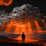 Enjambre de drones tecnológicos disipando nubes sobre un parque solar para maximizar la eficiencia energética, concepto startup climatech.