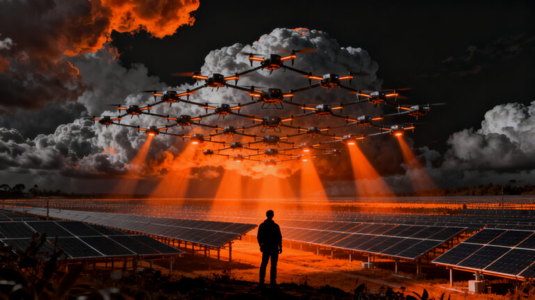 Enjambre de drones tecnológicos disipando nubes sobre un parque solar para maximizar la eficiencia energética, concepto startup climatech.