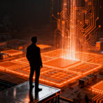 Un emprendedor mexicano observa un horizonte de semiconductores y datos de IA, representando el desafío de adoptar tecnología en México.