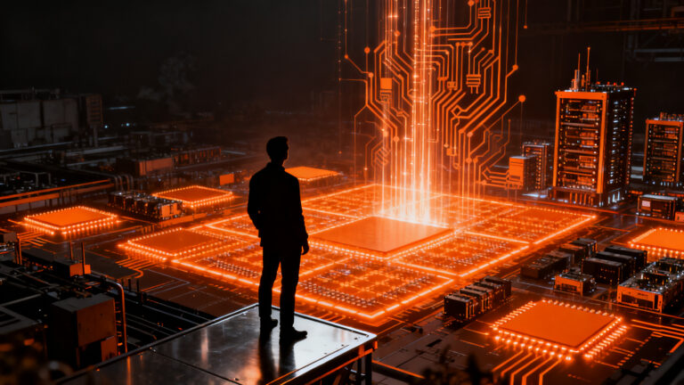 Un emprendedor mexicano observa un horizonte de semiconductores y datos de IA, representando el desafío de adoptar tecnología en México.