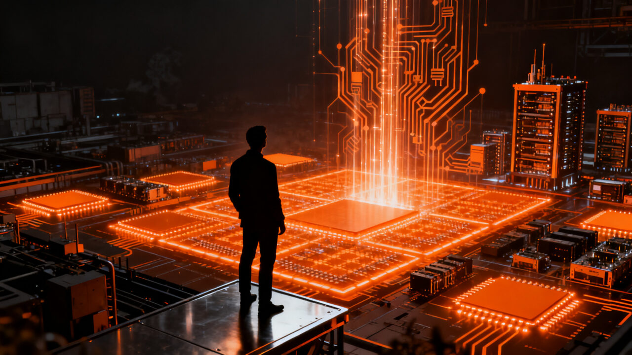 Un emprendedor mexicano observa un horizonte de semiconductores y datos de IA, representando el desafío de adoptar tecnología en México.