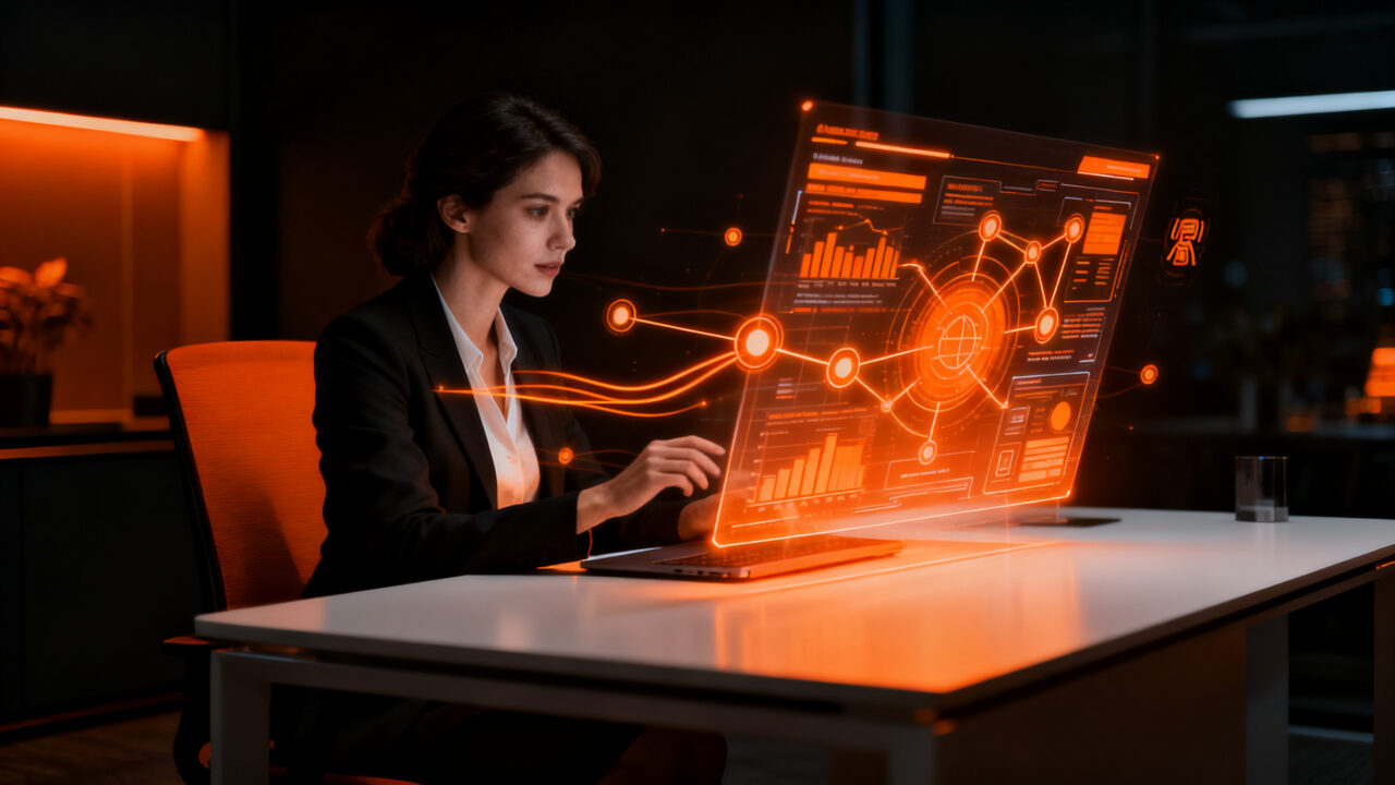 Estudiante utilizando herramientas de inteligencia artificial y automatización para gestión empresarial en una formación académica de la Universidad de León.