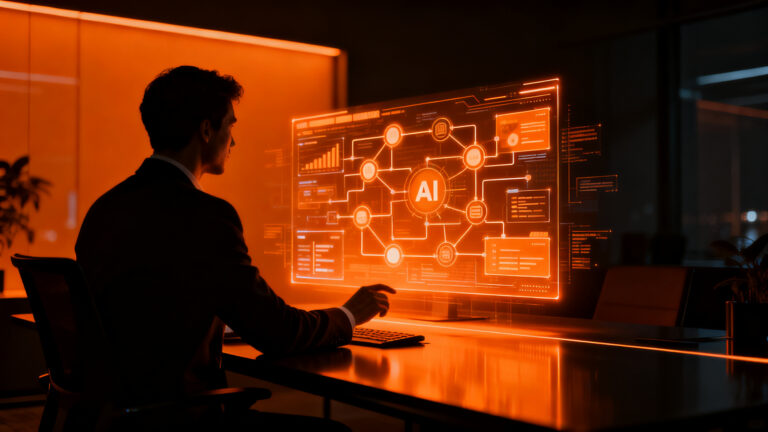 Estudiante profesional interactuando con una interfaz de inteligencia artificial aplicada a la gestión empresarial, formación en IA de la Universidad de León.