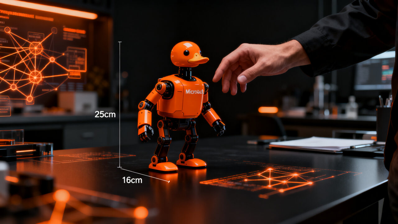Microduck robot bípedo de Hugging Face y Pollen Robotics, una plataforma robótica open source para aprendizaje por refuerzo y sim-to-real.