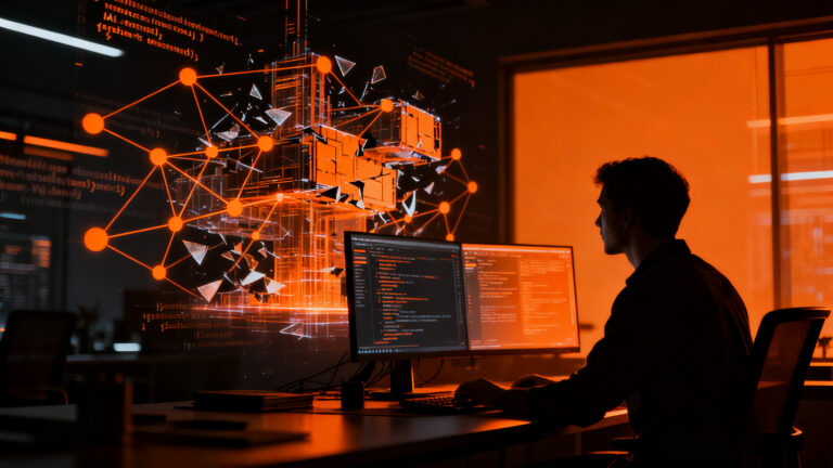 Un desarrollador de software frente a una red compleja de datos, simbolizando la gestión de riesgos y dependencias de IA en el desarrollo de productos SaaS.