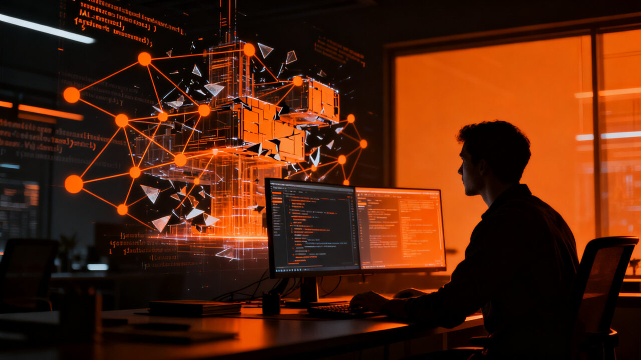 Un desarrollador de software frente a una red compleja de datos, simbolizando la gestión de riesgos y dependencias de IA en el desarrollo de productos SaaS.